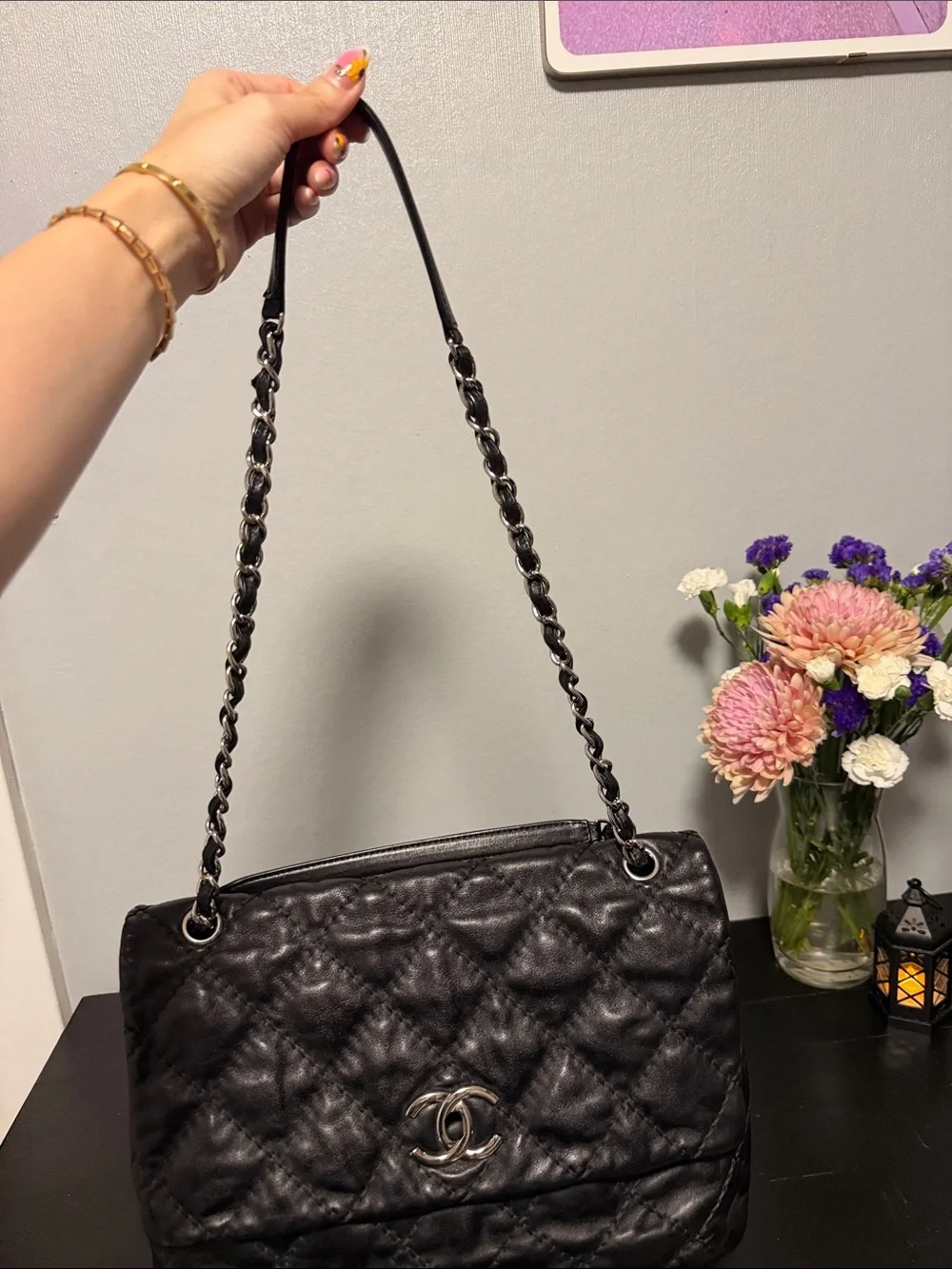 CHANEL Black Quilted Leather Large Bag with Silver-Tone CC